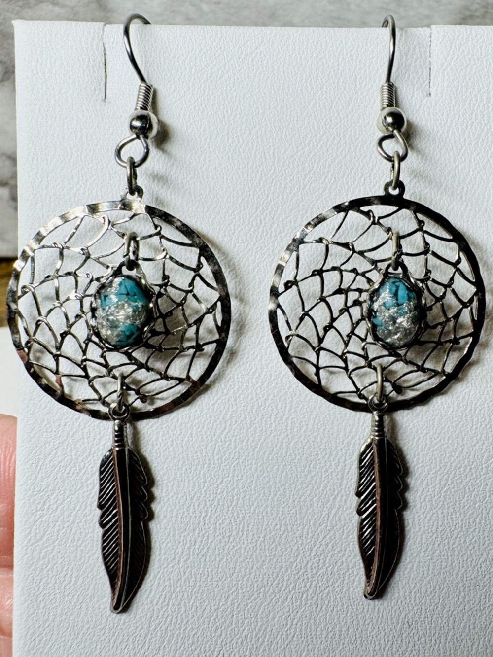 Silver Tone Dreamcatcher Feather Dangle Earrings Turquoise Accent